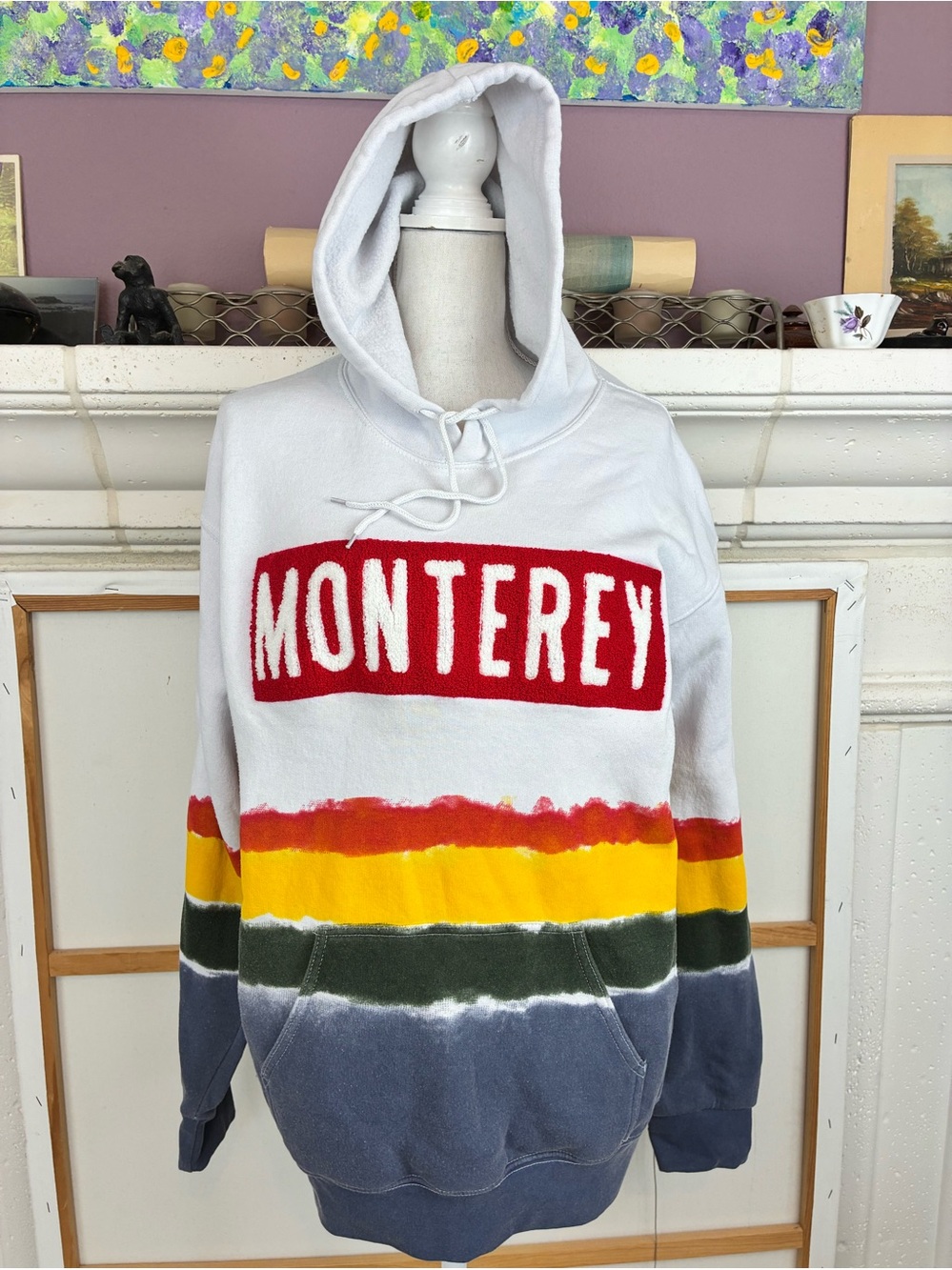 Monterey White Multi-Stripe Hoodie Sweatshirt w/ raised terry lettering